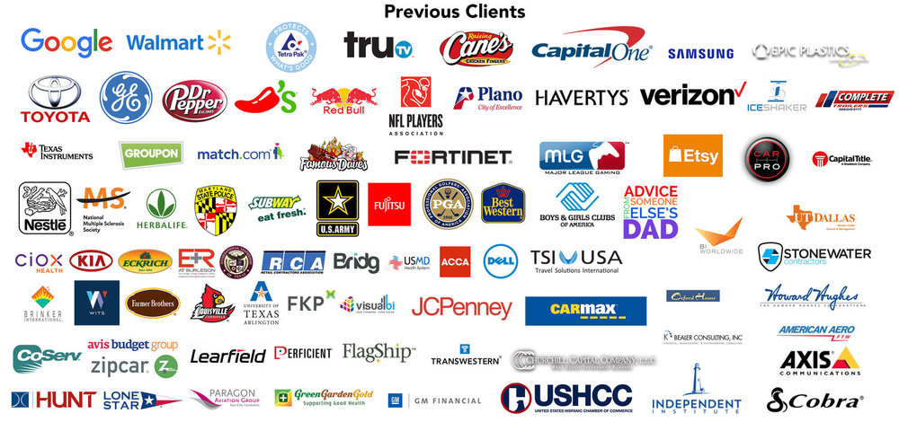 FlashFilm Media clients, including Google, Walmart, Toyota, Samsung, Verizon, Texas Instruments, Dell, CarMax, JCPenney, CoServ, Kia, Best Western, and other organizations